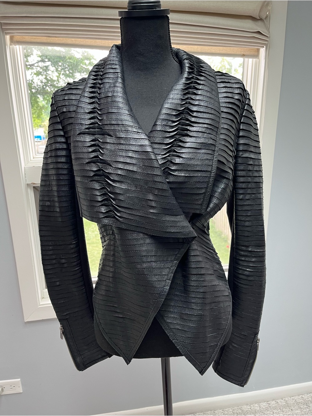 Scoop NYC Black Textured Draped Leather Jacket